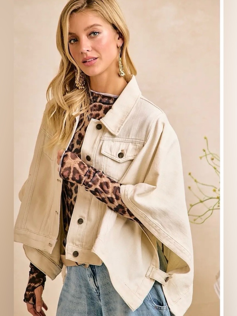 Ivory Oversized Cape Sleeve Cropped Denim Jacket